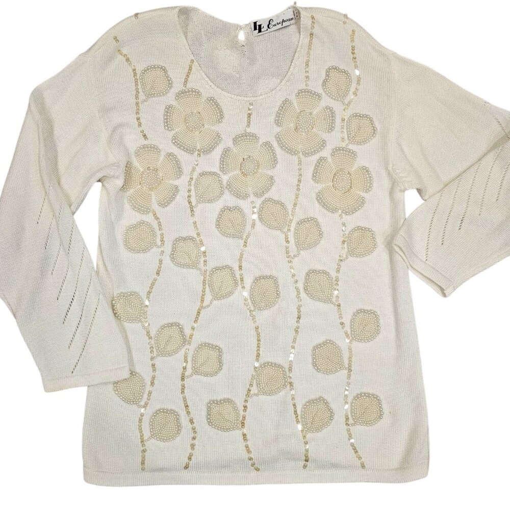 VTG Womens Cream Sweater Beaded Floral Sequins Pearl Cottagecore 80s 90s Sz L